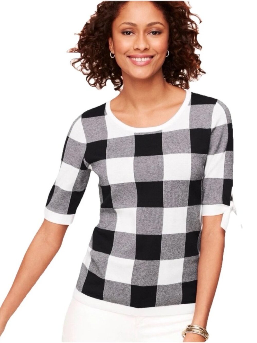 TALBOTS Black and White Buffalo Plaid Short Sleeve Round Neck Sweater Sz L